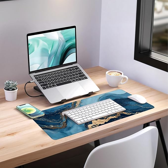 Blue Ocean Marble Extended Mouse Pad XL 31.5"x11.8" – Elegant Blue and Gold Desk Mat – Non-Slip Rubber Base, Stitched Edges