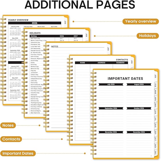 2026 Planner, Weekly and Monthly Calender Planner, Jan 2026 to Dec 2026, Hardcover 2026 Calendar Book with Tabs & Inner Pocket, Office Home School Supplies for Women & Men - A5 (6.3" x 8.5"), Yellow