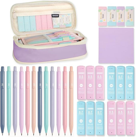 Aesthetic School Supplies with Cute Pencil Case, 12x Pastel Mechanical Pencils 0.5 & 0.7mm with 720x HB Leads, 4x Erasers and 1x Sticky Note, Suitable for Writing, Drafting Drawing Sketching(purple)