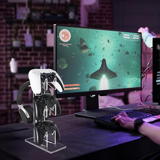 FYY Game Controller Holder 3 Tiers - Universal Dual Stand and Headphone Holder, Acrylic Clear Display Compatible With Nintendo Switch, Xbox, PS5, PS4 - Desk Mounts for Controllers