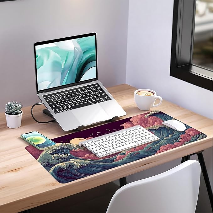 Japanese Great Wave XXL Extended Gaming Mouse Pad 35.4 x 15.7 Inch – Large Non-Slip Desk Mat with Smooth Cloth Surface, Stitched Edges, Ocean Wave Design for Gaming and Office