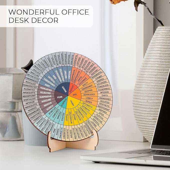 Feelings Wheel Therapy Office Desk Decor - 10.6" Large Double Sided Mental Health Emotions Chart with Stand, Therapist Gifts for Home Office Women Man
