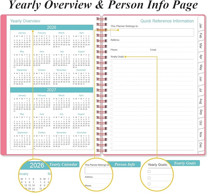 Planner 2026 - A5 Weekly & Monthly Planner Spiral Bound, January 2026 - December 2026, with Flexible Cover, Tabs, Inner Pocket, 6.4" x 8.5", Pink