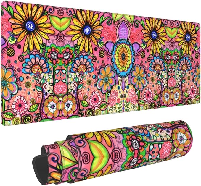 Hippie Flowers Large Mouse Pad with Stitched Edges Long Non-Slip Rubber Base Mousepad Laptop Keyboard Mat Desk Pad for Office Home Desk Decor, 31.5" X 11.8"