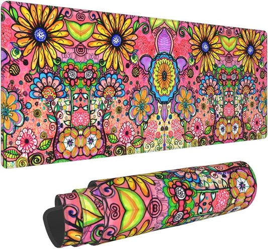 Hippie Flowers Large Mouse Pad with Stitched Edges Long Non-Slip Rubber Base Mousepad Laptop Keyboard Mat Desk Pad for Office Home Desk Decor, 31.5" X 11.8"