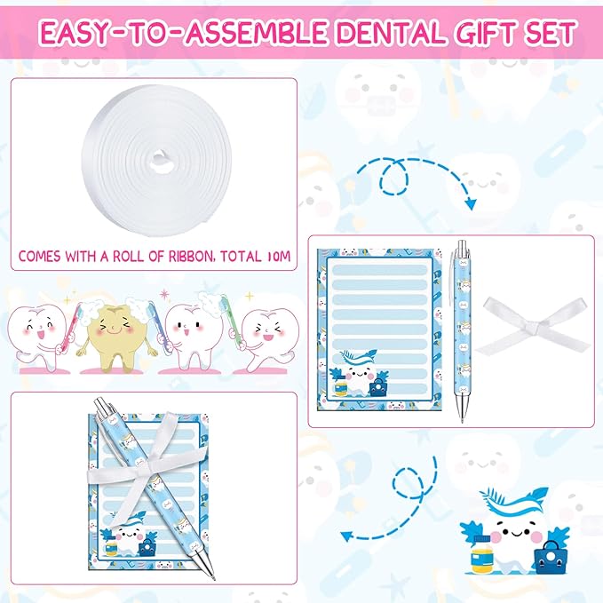 Eaasty 48 Pcs Dental Notepads and Ballpoint Pens with Ribbon Bulk Dental Assistant Thank You Appreciation Gifts for Hygienist Coworkers Doctor Nurse Clinic School Office Party Favor