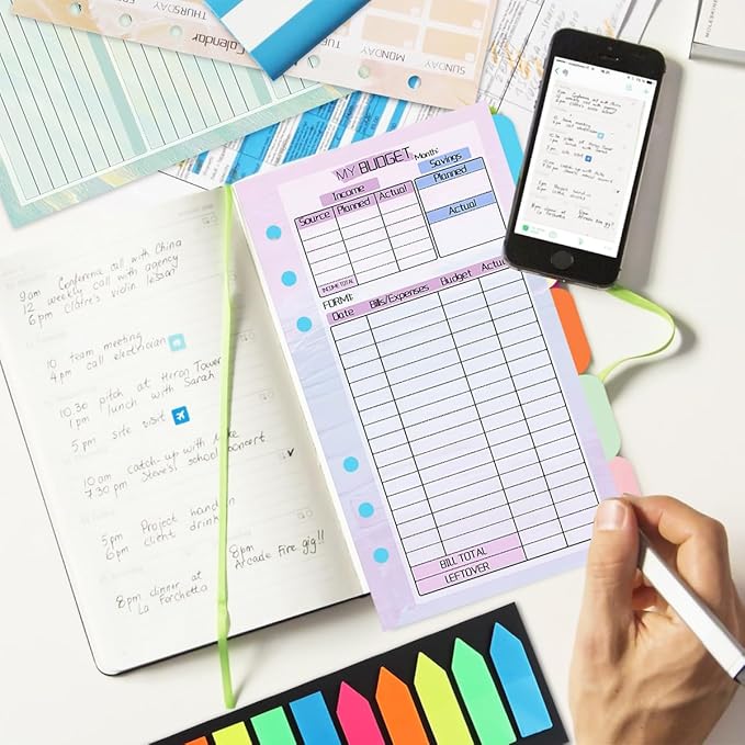 A6 Binder Planner Inserts, Monthly Weekly Planner Refills Budget Sheets, Colored Index Stickers, Binder Pockets and Today Ruler, Index Paper Divider, for A6 Binder Planner Accessories(6 Hole)
