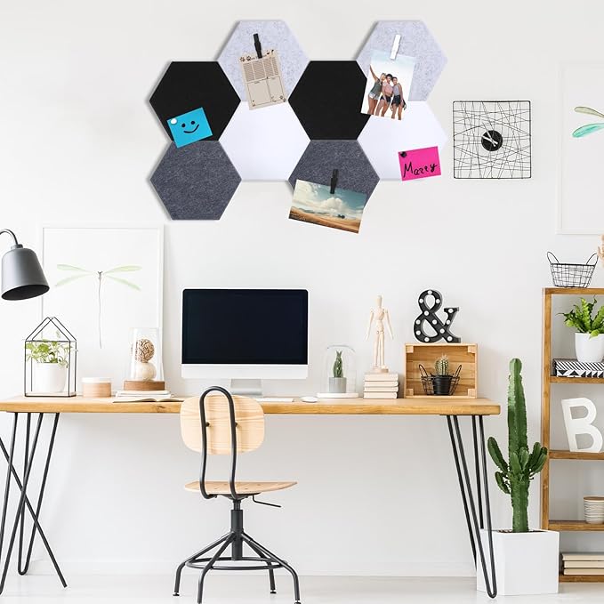 8 Pcs 12" Large Hexagon Felt Cork Board Tiles Self Adhesive DIY Bulletin Board Pin for Office Home Wall Decor Stickers Memos Photos Display with 10 Multi-Color Clip Drawing Pins(Black White)
