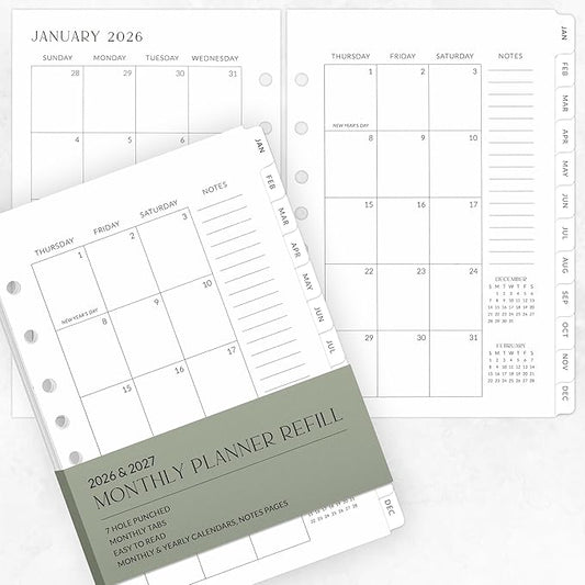 Beautiful 2026-2027 Monthly Planner Refill for 7 Ring Binders – Durable A5 Paper Insert Set 5.5" x 8.3" - Refills Incl. Tabs & Monthly, Yearly Calendar Spreads - From December 2025 - December 2027