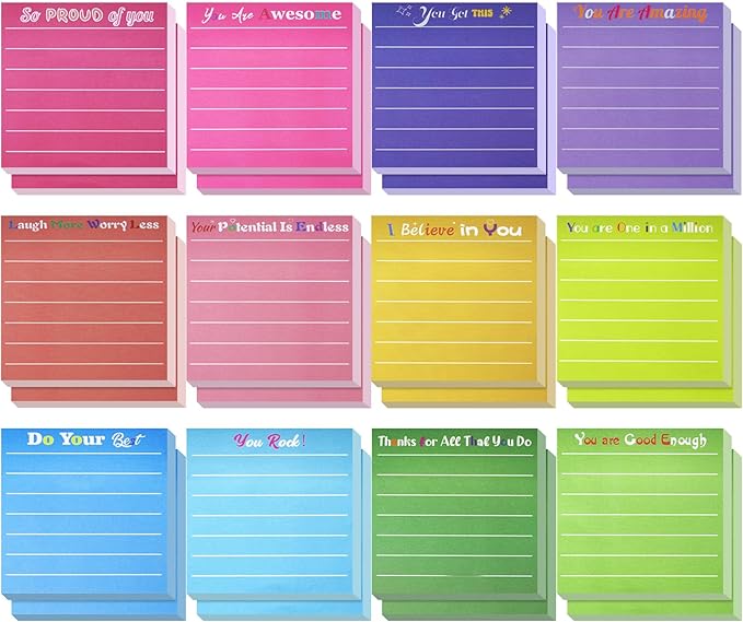24 Pcs Inspirational Sticky Notes 3x3'' Motivational Sticky Notes Pad with Lines Cute Employee Appreciation Sticky Notes Thank You Gift Bulk for Teacher Coworkers Office Supplies Students (12 Color)