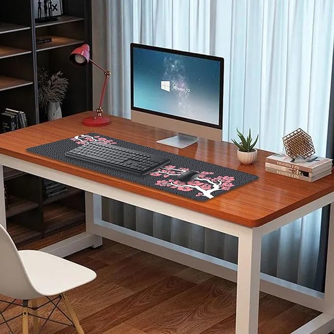 Cherry Blossoms and Waves Desk Pad Mouse Pad,Expand XL Mouse Mat with Stitched Edges,Non-Slip Rubber Base Large Mousepad for Office PC Keyboard Laptop and Homework Desk Mat(31.5X11.8 in)