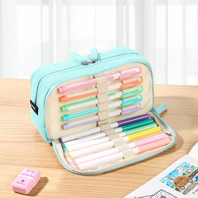Sooez Big Capacity Pencil Case Pen Pouch, Soft Corduroy Pencil Bag with 3 Compartment, Multiple Pockets, Sturdy Zipper, Cute School Supplies Pen Bag Organizer For Teen Girls College-Mint Green