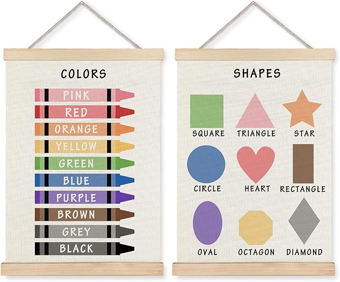 Supwhd Shapes Colors Posters for Classroom Wall, Shapes Colors Learning Poster Hanger Frame Wall Decor for Classroom Nursery Kids Room Playroom Preschool Decor, 16x24 Set of 2