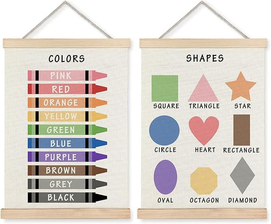 Supwhd Shapes Colors Posters for Classroom Wall, Shapes Colors Learning Poster Hanger Frame Wall Decor for Classroom Nursery Kids Room Playroom Preschool Decor, 16x24 Set of 2