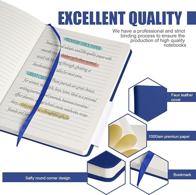 Lined Journal Notebook, 10Pack Hardcover Notebook for Men & Women – Journals for Writing, Work, School, Home & Daily Notes, 160 Pages – Medium A5, 5.7"x8", 100 gsm Thick Paper (Blue)