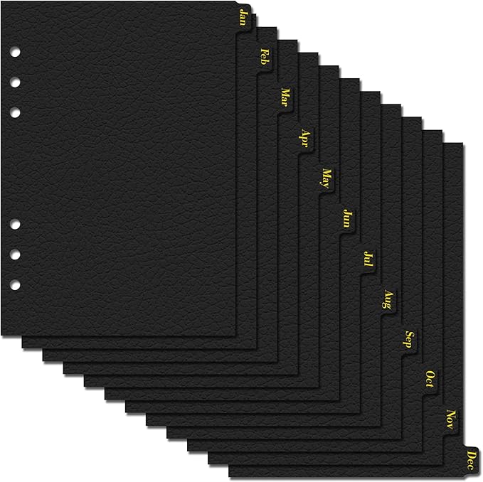 Koqye Leather Textured A5 6-Ring Binder Dividers with 12 Monthly Tabs, Black Paper Index Page Separators for Planner/Organizer (1 Set - 12 Monthly Tabs)