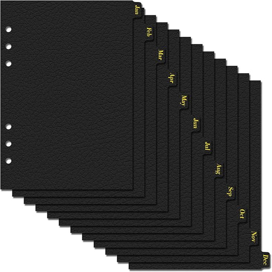 Koqye Leather Textured A5 6-Ring Binder Dividers with 12 Monthly Tabs, Black Paper Index Page Separators for Planner/Organizer (1 Set - 12 Monthly Tabs)