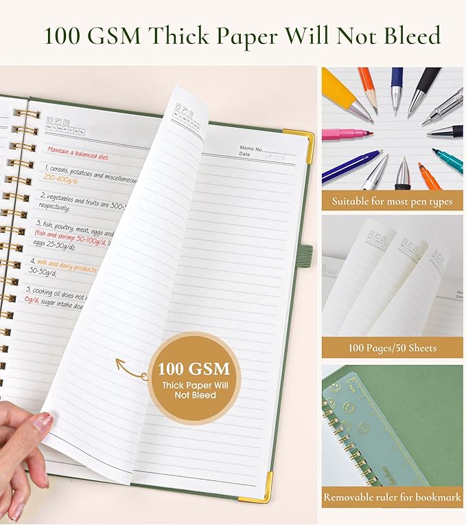 Hardcover Spiral Notebook Journal 8.5” x 11”, A4 Large Leather Notebooks for Women Men, Lined College Ruled Notebook, 100 GSM Paper, Spiral Bound Journals for Work School Note Taking Business, Green