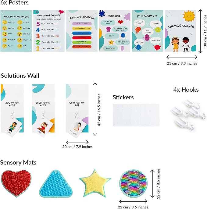 Calm Down Corner | Perfect for Classrooms | Sensory Calming Corner with Items for Kids | Education Calming Corner Kit with Posters, Solutions Wall, Sensory Toys, Fidget Tools | Special Education