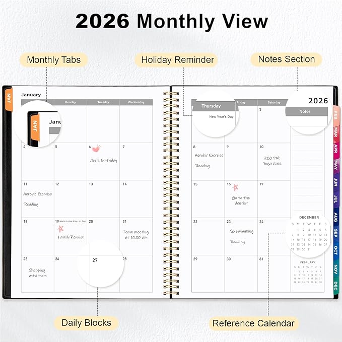 Oucaru 2026 Planner, Weekly and Monthly Planning Calendar, Jan 2026 - Dec 2026, 6.3" x 8.5", Spiral Bound, 12 Habit Trackers & Monthly Tabs, 2 Storage Pockets, Perfect for Office Home School Supplies