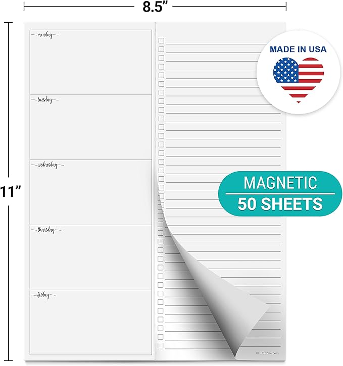 321Done Magnetic Weekly Planning Notebook, 8.5x11, Made in USA, M-F Weekly Schedule & To Do Task List, Perforated Tear Off Checklist (50 Pages), Thick Paper, Strong Magnets