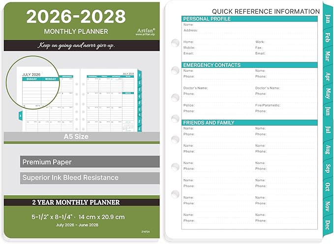 2026-2028 Monthly Planner Refill - Planner Inserts with 7-Hole Punched, 5-1/2" x 8-1/2", July 2026 to June 2028, Two Pages Per Month, 2026-2028 Calendar with Monthly Tabs