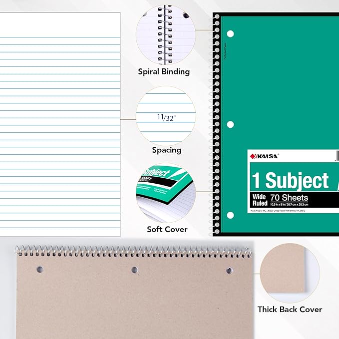 Kaisa Spiral Notebooks 1 Subject Note Books,70 Sheets 6 Vibrant Color Options, 4 Pads Per Color – Abundant Stock for All Your Needs 10.5x8in Wide Ruled, Paper Note Books Home School Supplies for Students Office, 1Carton of 24Books