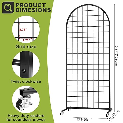 Grid Wall Panel 2PCS Display Stand 2' x 5.2' FT Black Grid Wall Panels Movable Retail Display Racks Floorstanding Gridwall Heavy Duty with Wheel for Art Craft Photo Displays Fair Trade Show