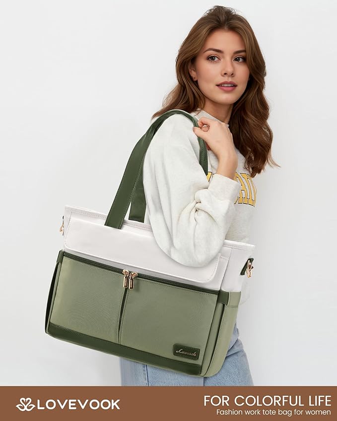 LOVEVOOK Upgrade Version Work Bags for Women 15.6 Inch Laptop Bag Large Capacity Mutiple Pockets Teacher Bag Water Resistant Canvas Tote Bag Purse for Office Travel College Nurse Teacher, Green Beige