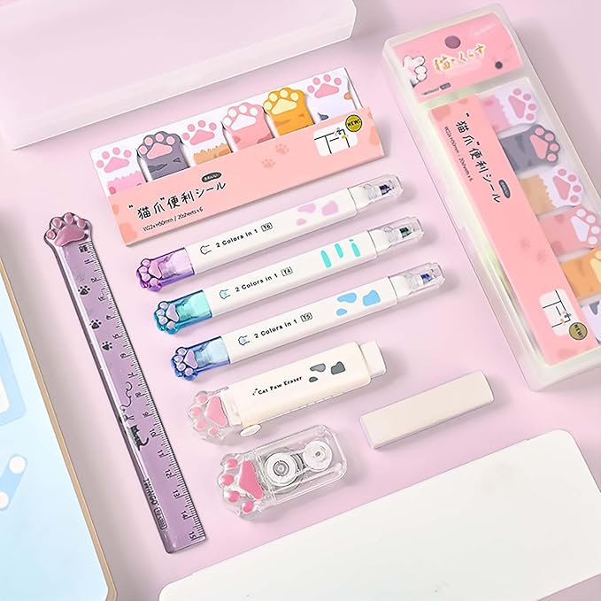 Cat Stationery Set, Cute Stationery Kawaii Retractable Erasers for Kids, Correction Tape Aesthetic, Cat Paw Ruler 15cm, Cute Pens, Sticky Notes Cute, School Supplies for Girls (White)
