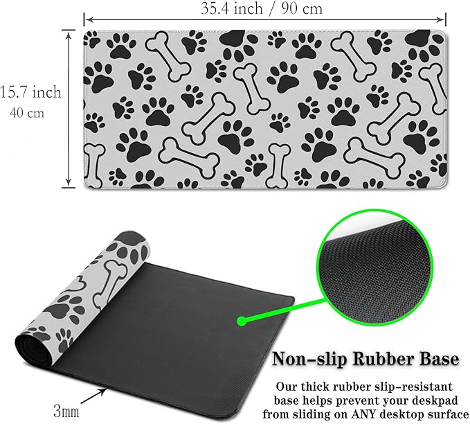 Desktop Mats Laptop Desk Mat Gaming Mouse Pad Extra Large Mouse Pads Computer Mats Office Pad Waterproof Non-Slip Rubber Base 35.4 X 15.7 for Game Office, Dogs Paws and Bones