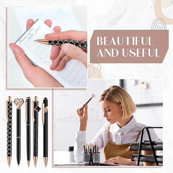 Janmini 9 Pcs Ballpoint Pens Set Metal Crystal Diamond Glitter Pens for Journaling Black Ink Pretty Cute Things Fancy Stationery Gifts for Women Girls Birthday Home Office Desk(Black)