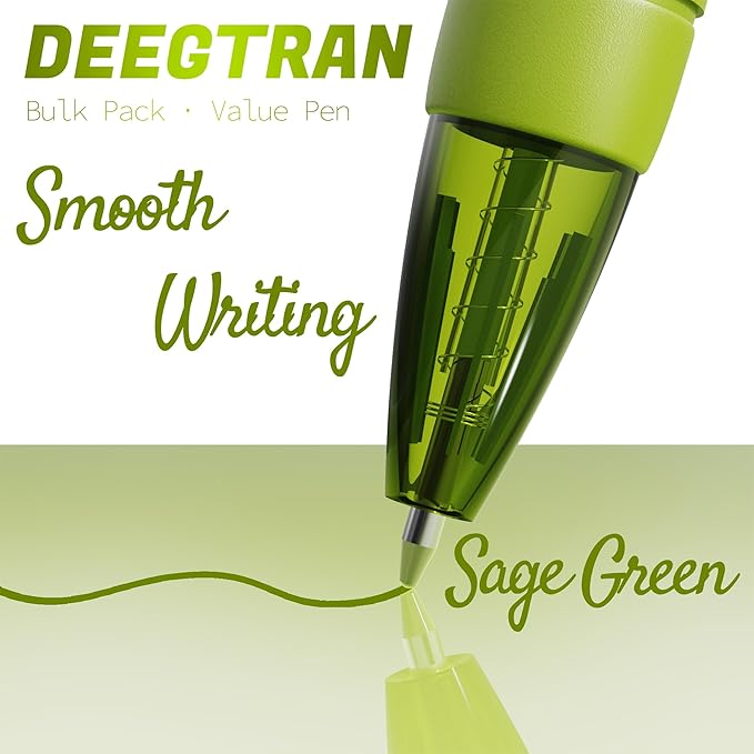 deegtran Pens Bulk, 30 Pack No Bleed Sage Green Ink Click Pens with Soft Grip, Wholesale Retractable Ballpoint Pens for Office School, Medium Point Smooth 1.0MM