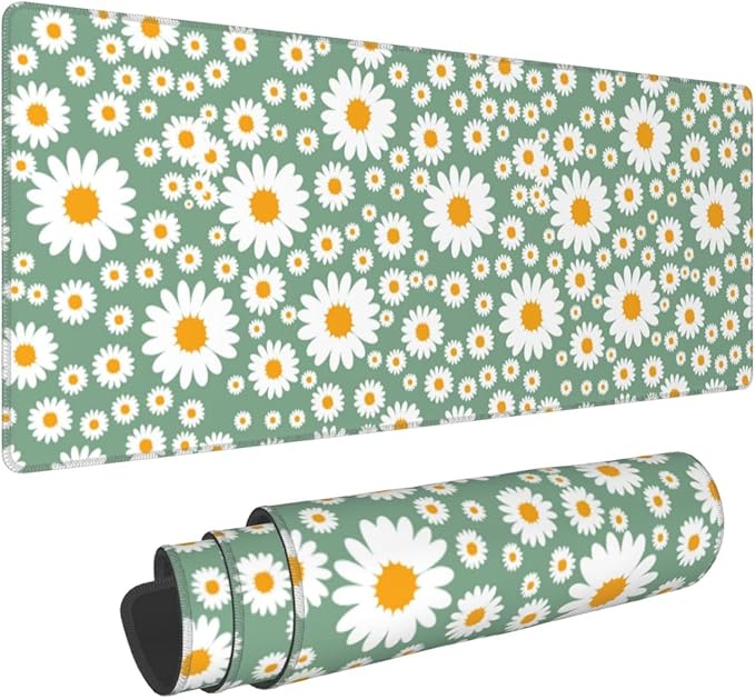 Daisy Flowers Large Mouse Pad with Stitched Edges Long Non-Slip Rubber Base Spring Floral Print Mousepad Laptop Keyboard Mat Desk Pad for Office Home Desk Decor, 31.5" X 11.8"