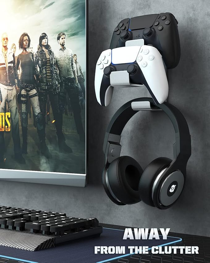 Moko Controller Holder Dual Gamepad Controller & Headphone Hanger Compatible with Xbox One, Xbox 360, PS3, PS4, PS5, PC, STEAM, Switch/Switch 2, Wall Mount Stand for All Universal Headsets, Silver