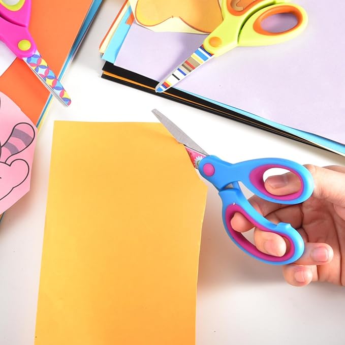 Kids Scissors - Safety Toddler Children Scissors with Blunt Tip - Fun Print Blade - Soft Grip, Great for DIY, Arts, Home, School Classroom Supplies, Assorted Color, 6-Pack
