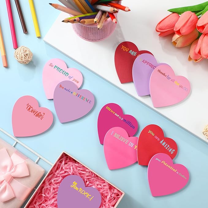 Teling 24 Pack Valentine's Day Sticky Notes Heart Shape Sticky Notes 3 x 3 Inch Appreciation Notepads Bulk Cute Memo Pads for Valentines Party Gifts School Office Supplies (Red Pink Purple)