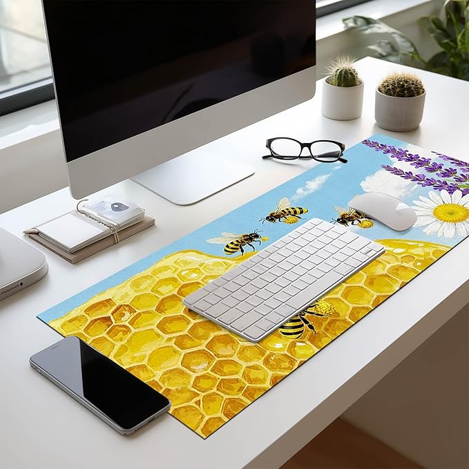 Bees XL Mouse Pad 31.5 x 11.8 Inch Gaming Mousepad Diatomite Large Keyboard Mouse Pad for Home and Office Desk Accessories with Bright Honeycomb Scene Bees Artwork Smooth Control Surface