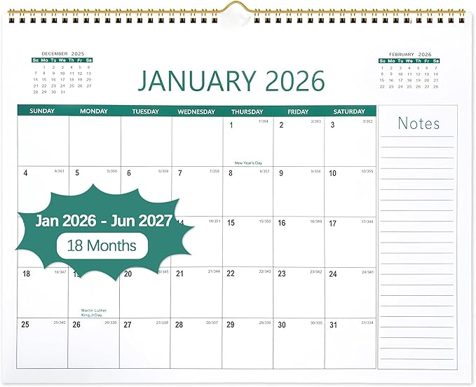 Desk Calendar 2026-2027, 18 Months Calendar from Jan. 2026 to Jun. 2027, 14.5" x 11.5" Desktop/Wall Monthly Calendar with Large Squares, Notes Section for Home, School, Office