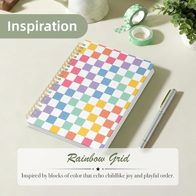 Stanoha Cute Spiral Notebook A5 Journal for Women Girls Kawaii Aesthetic Pretty Floral Design with Pocket, 8.5 x 5.7 inch, Line, Color Plaid