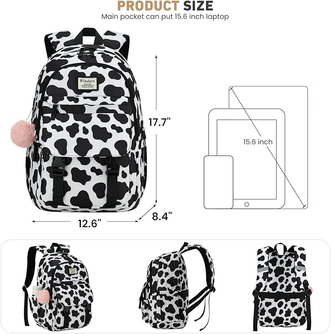 School Backpack for Teen Girls, Cute College Backpacks for Women Students Aesthetic Bookbag Large 15.6 Inch Laptop Bag Middle School Travel Back Pack (Cow Print Black)