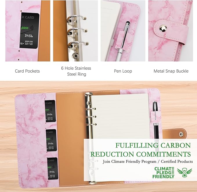 FYY A5 Binder Refillable Planner Notebook 6 Ring PU Leather Binder Journal with Pockets, Dividers, Refill Paper Marble Pink