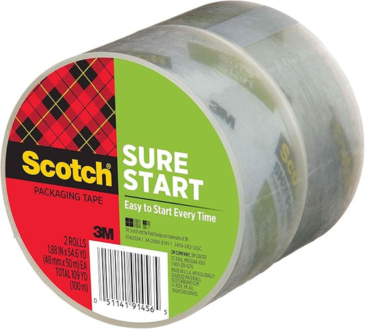 Scotch Sure Start Shipping Packaging Tape 1.88 x 54.6 yd Designed for Packing Shipping and Mailing Quiet Unwind No Splitting or Tearing 3 Core Clear 2 Rolls (3450-2)
