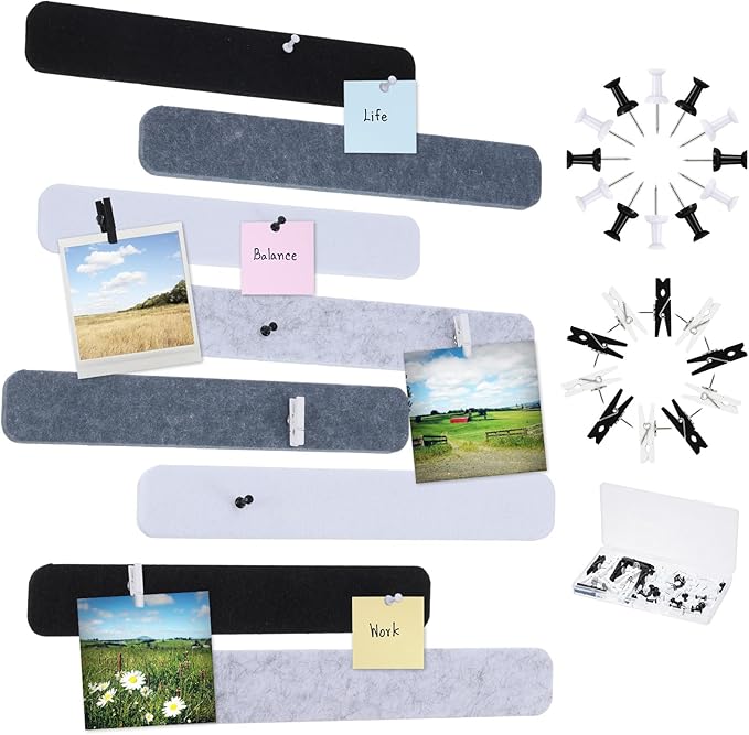 8 Pcs Felt Pin Board Bar Strips Bulletin Board 50 Pushpins and 10 Wooden Clip Pins Self Adhesive Cork Boards for Offices Home Wall Display Photos, Paste Notes, Schedules(Gray)
