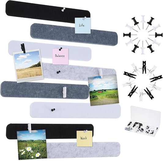 8 Pcs Felt Pin Board Bar Strips Bulletin Board 50 Pushpins and 10 Wooden Clip Pins Self Adhesive Cork Boards for Offices Home Wall Display Photos, Paste Notes, Schedules(Gray)