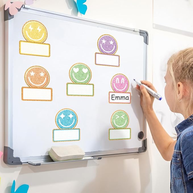 120Pcs Back to School Name Tag Stickers Smile Face Sticker Pastel Embroidered Style Happy Face Label Decals for Students Classroom Bulletin Board Desk Wall Message Board