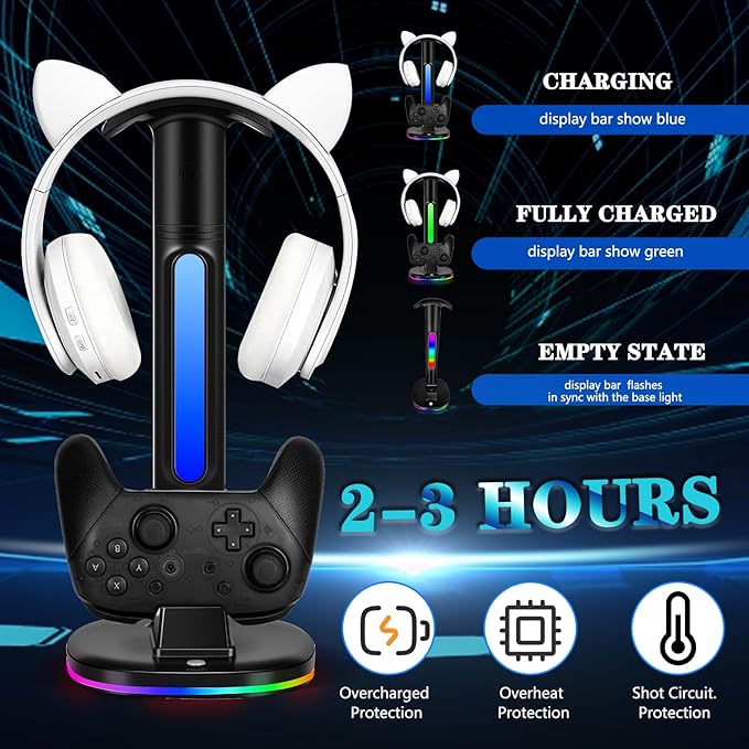 Charger Dock for Switch Pro Controller, JDGPOKOO Charger with RGB Headphone Stand for Nintendo Switch & OLED, Charging Dock Station with 2 USB Charging Ports and Headset Stand, Black