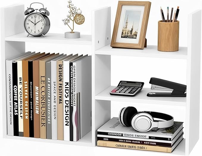 White Desktop Shelf Organizer for Top of Desk - Wood Desk Hutch for Dorm Room Essentials & Home Office - Small Tabletop Bookshelf for Storage & Decor Display