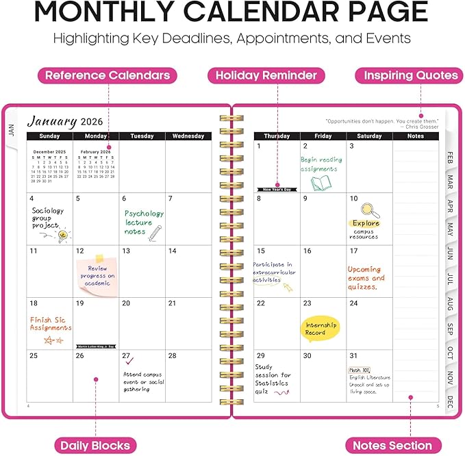 2026 Planner, Weekly and Monthly Calender Planner, Jan 2026 to Dec 2026, Hardcover 2026 Calendar Book with Tabs & Inner Pocket, Office Home School Supplies for Women & Men - A4 (8.5" x 11"), Fuchsia Pink