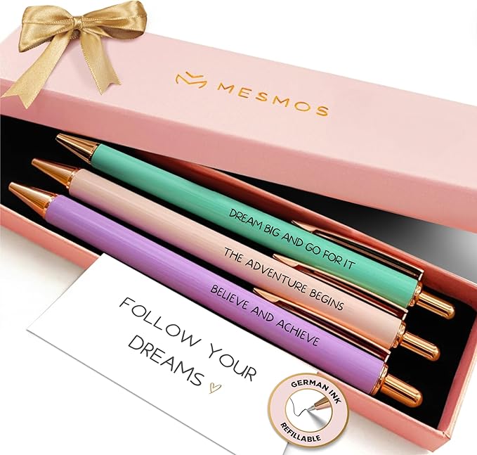 MESMOS 3pk Fancy Pen Set, Graduation Gift for Her, College Graduation Gifts for Women Class of 2025, German-made Ink & Swiss-Made Nib, Metal Ballpoint Pen